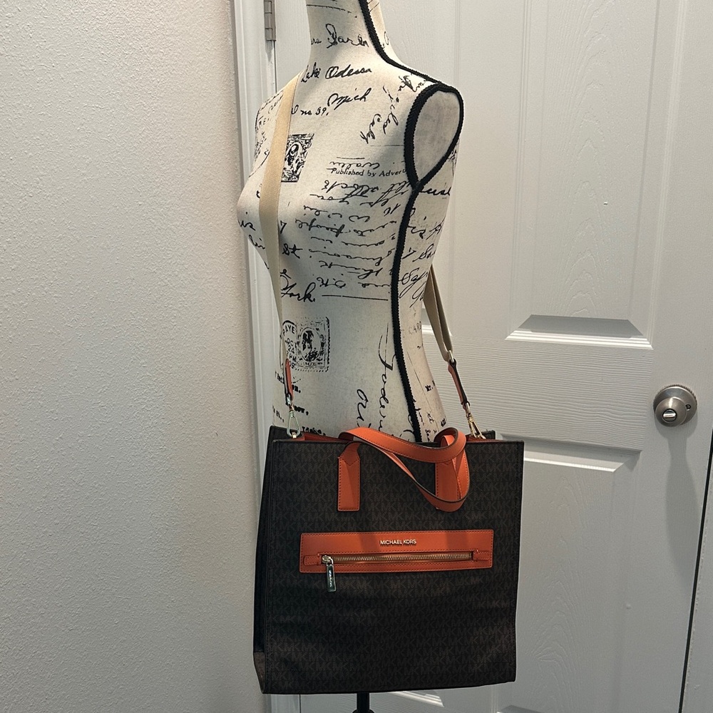 Michael Michael Kors Brown Tote with Orange Trim and Logo Print